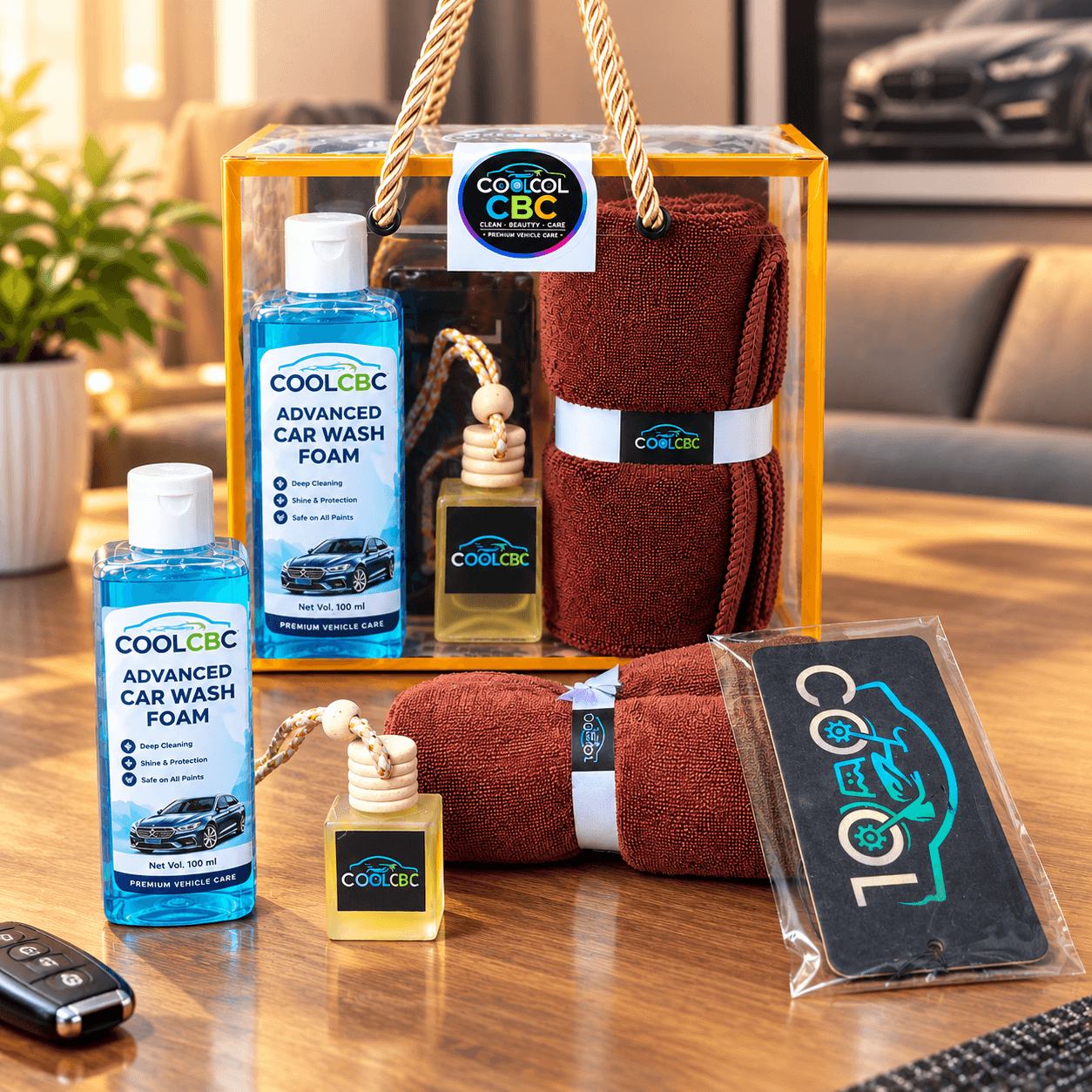 Luxurious Car Care Kit (Hanging Frgrance Bottle, Paper Card, Ultrsoft Plush Microfibre Cloth, Wiper Liquid)