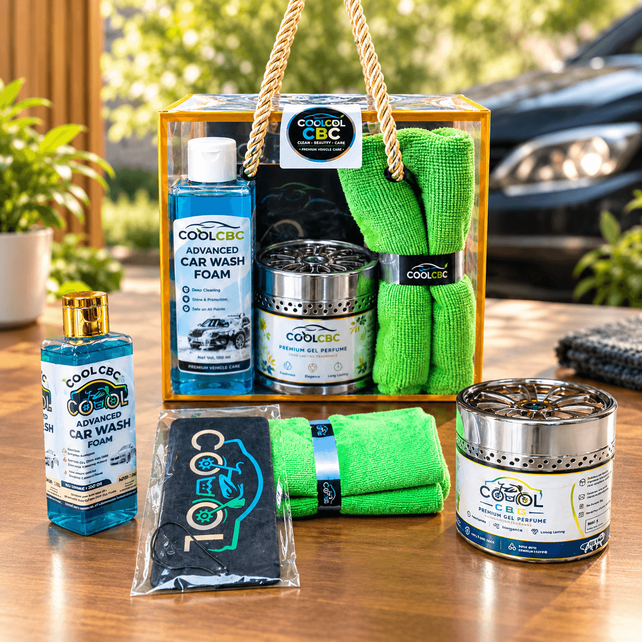 Signature Car Care Kit (Gel Perfume, Hanging Frgrance Paper Card, Ultrsoft Plush Microfibre Cloth, Wiper Liquid)